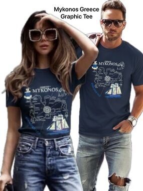 Mykonos Greece Graphic Tee Featuring Mykonos Map & Sailboat • 100% Cotton